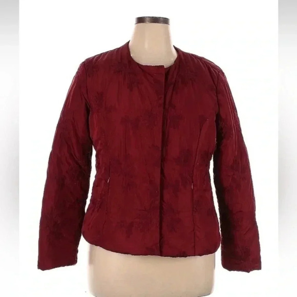 Vintage Coldwater Creek Red Burgundy Puffer Snap Jacket Floral Embroider Size 14 - Picture 1 of 12